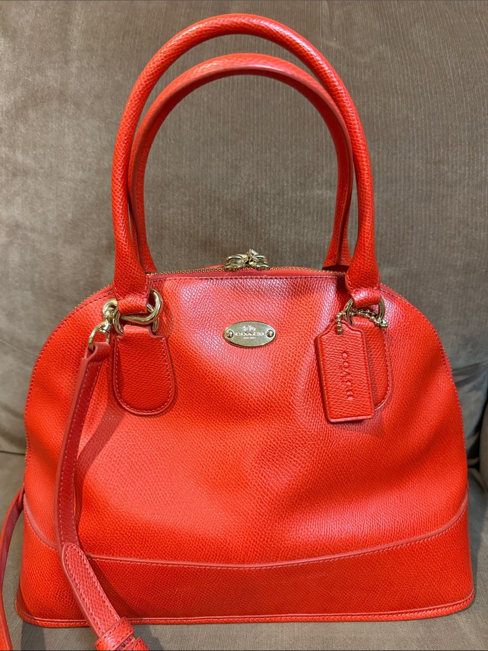 Coach Bright Red Pebble Leather Dome Satchel with Gold Hardware